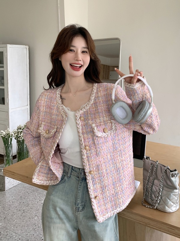 粉色小香风外套春秋女2025新款韩系甜美名媛风减龄粗花呢短款上衣|undefined
