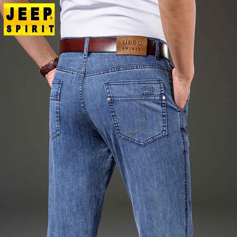 Spring and summer men's straight-leg jeans, stretchy, loose, casual, blue, mid-waist, long pants, lightweight, versatile J768A