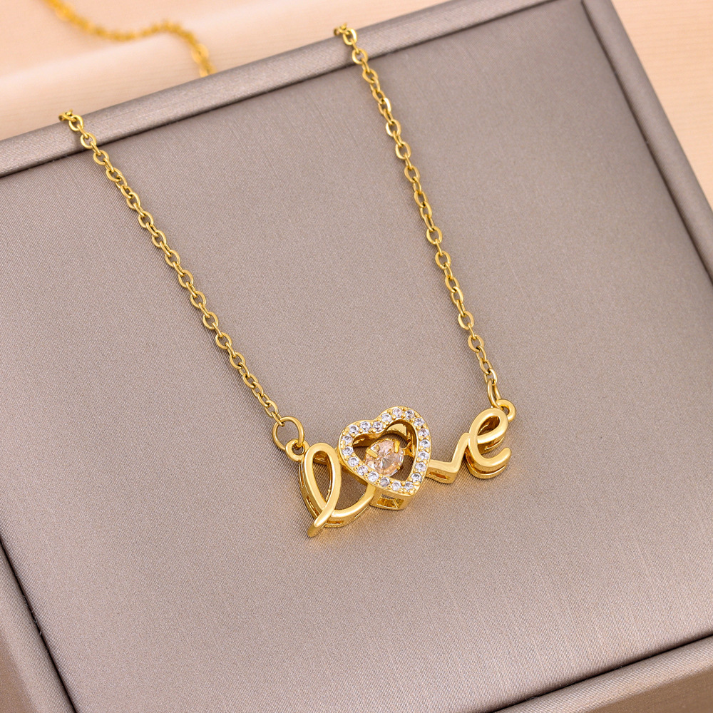 Sweet Love Heart Shape Titanium Steel Plating Hollow Out Inlay Zircon 18k Gold Plated Necklace display picture 1