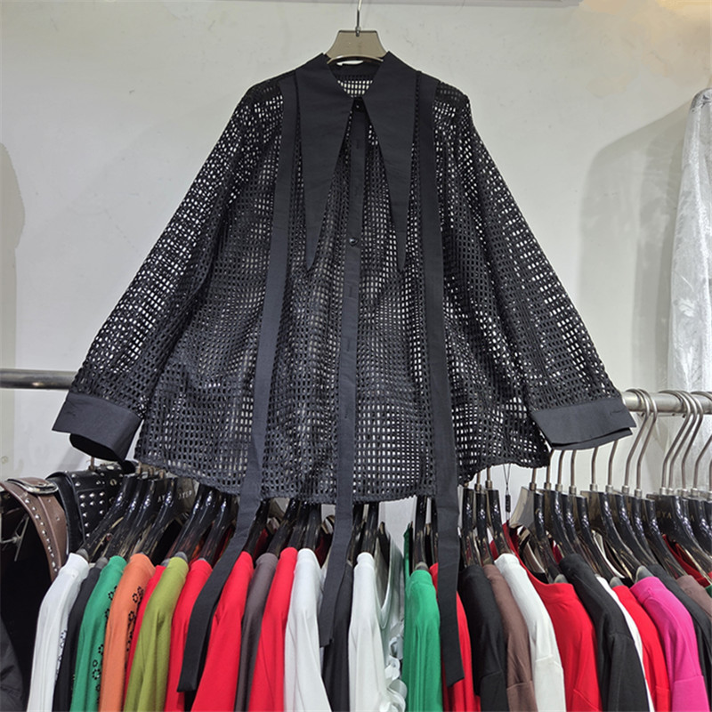 Dark Style Mesh Plaid Patchwork Shirt for Women, Long-Sleeved Loose See-Through Sun Protection Cardigan, Niche Design Top