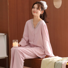 女士纯棉春秋睡衣长袖长裤宽松休闲可外穿薄款开衫家居服全棉套装