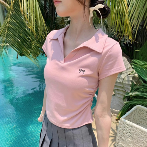 Polo Neck Pleated Embroidery Sexy Short Sleeve T-Shirt Women Summer Waist Cinch Slimming Underwear Short Style Women's T Shirt Wholesale 