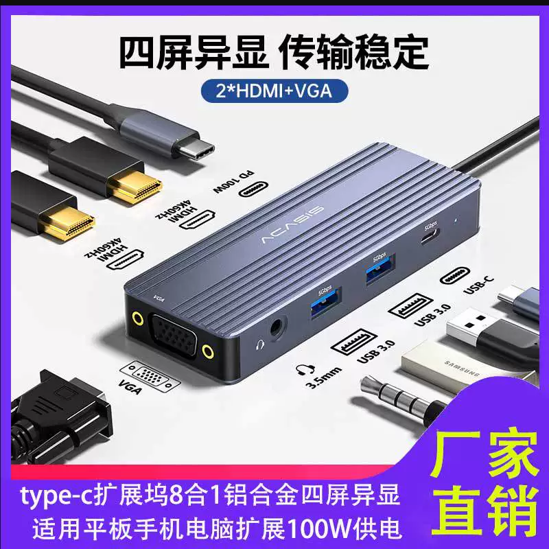 Тип-аксис USB-C док-станция один к восьми VGA гигабитный сетевой порт PD четыре экрана раздельный дисплей ноутбук