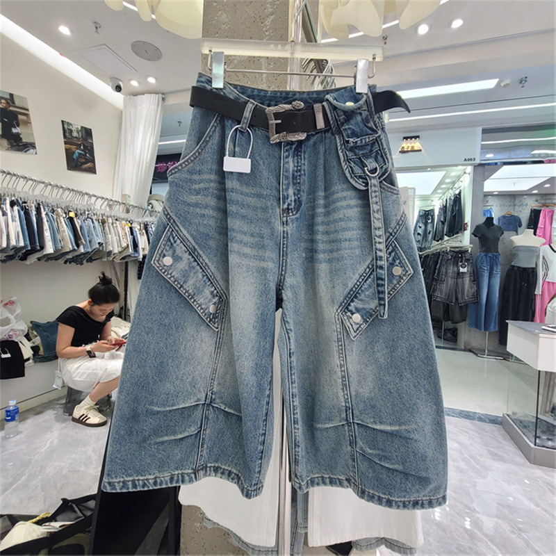 Vintage Workwear Style Cropped Wide-Leg Jeans for Women, European Style 2026 Summer New Fashion Mid-Length Pants Trendy Women's Clothing