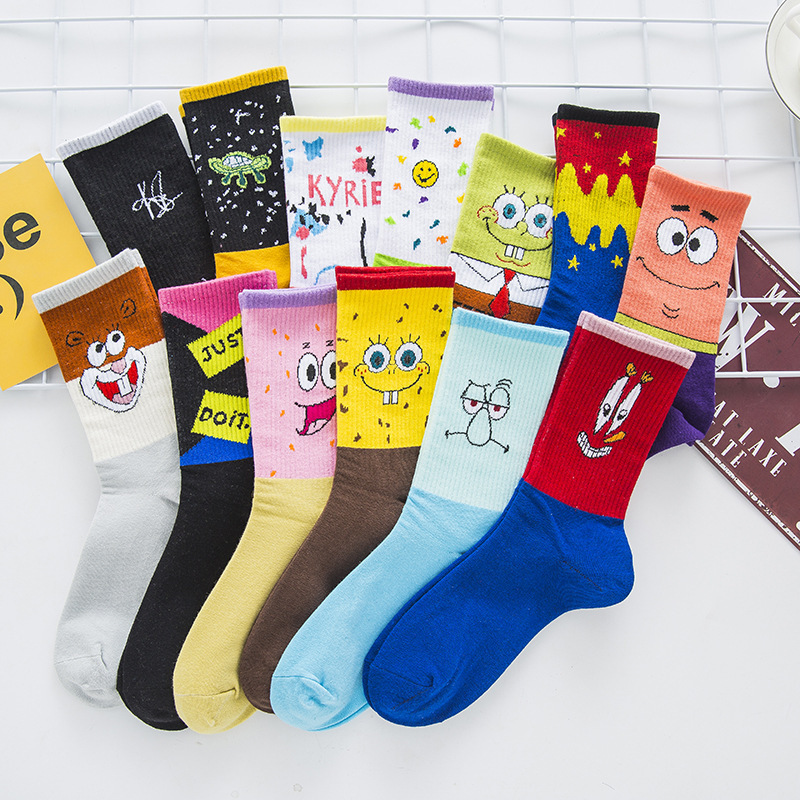 Cartoon Trendyy Socks Irving Spongebob Co-Branded Women's Mid-Calf Socks Men's Stockings Squidward Socks Cross-Border Supply