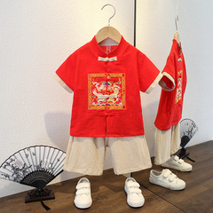 Boys summer Hanfu short-sleeved suit ancient costume new baby boy retro thin cotton and linen two-piece suit children's Tang suit