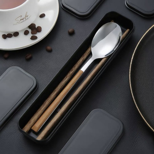 Chicken Wing Wood Chopsticks, Stainless Steel Spoons, Coffee Spoons, Cow Dung Portable Tableware Gift Set, Logo Customization Storage Box