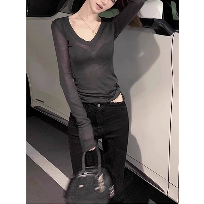 设计感V领美式辣妹打底衫女2025春秋新款长袖T恤薄款微透防晒上衣|undefined