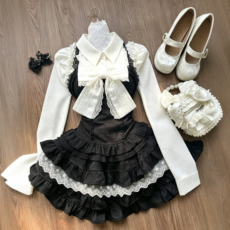 [European and American Sizes] Bow-Knot Lace Suspender Waist-Cinching Slimming White Shirt and Cake-Puff Skirt Three-Piece Set
