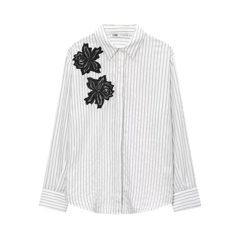 Cross-Border 2025 New Winter Women's Clothing European and American Style Fashionable Simple Stripesd Flower Lace Shirt H1-25318