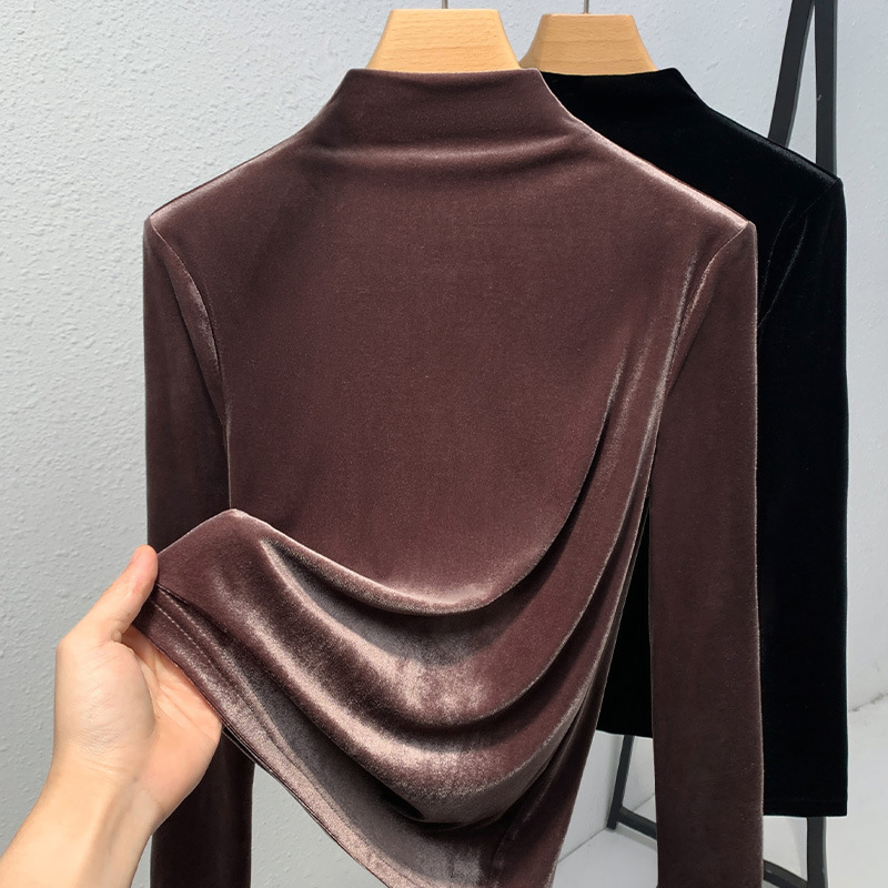 Half-Turtleneck Base Shirt for Women 2025 Solid Color Velvet Long-Sleeve T-Shirt Warm Inner Layer Waist-Cinching Top 2026 New Model