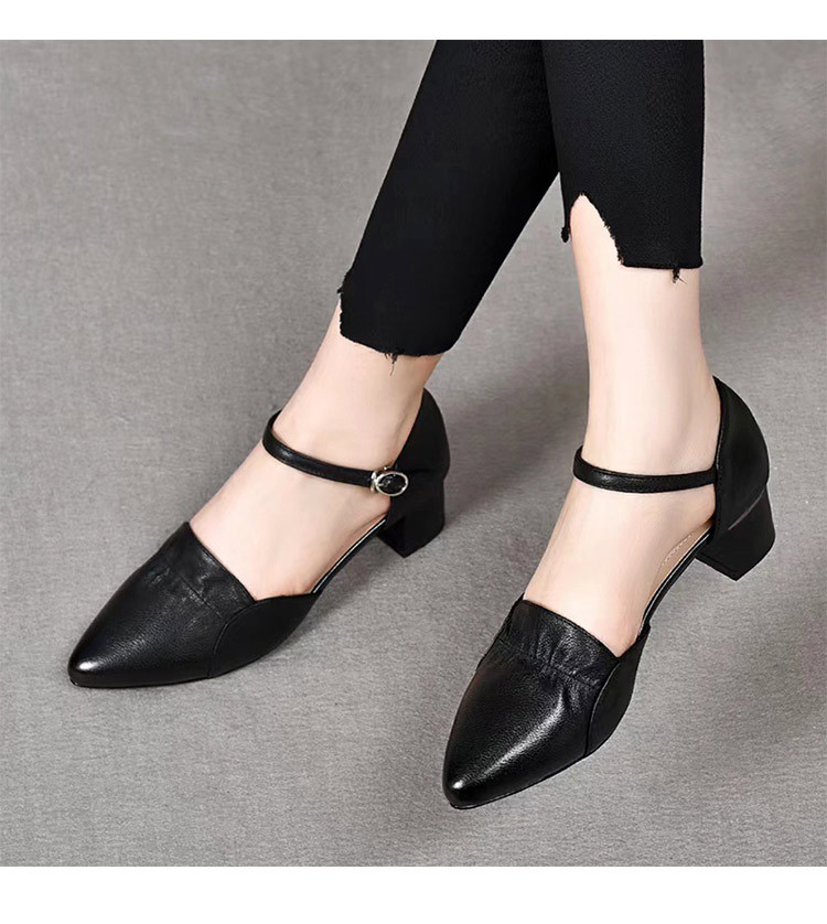 Sandal da nữ mũi kín gót vuông 2,5 cm kiểu dáng nông khoét lỗ đế mềm — Gót 2,5 cm màu trắng Be chi tiết 5