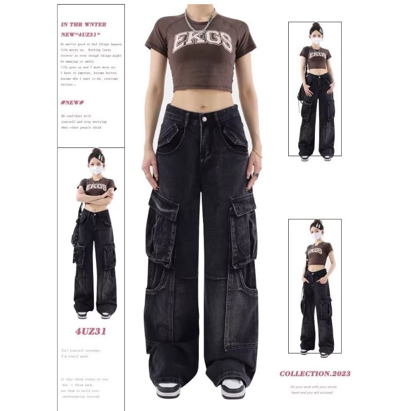 Diseño de estilo americano de la calle alta, pantalones jeans de primavera y otoño, pantalones de cintura alta retrógrados, pantalones de piernas anchas sueltos