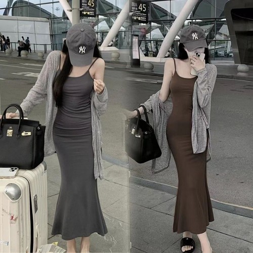 Summer Vibe Cinched Bodice Strap Dress for Women - Design-Focused French Style Mermaid Dress - Underwear Base Layer Skirt