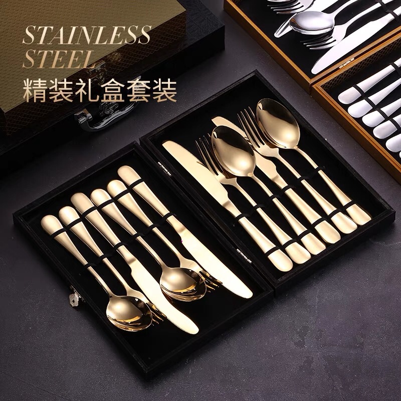Cross-border 1010 stainless steel tableware 12-piece gift box knife, fork and spoon set Golden wooden box gift hotel supplies Cross-border 1010 stainless steel tableware 12-piece gift box knife, fork and spoon set Golden wooden box gift hotel supplies