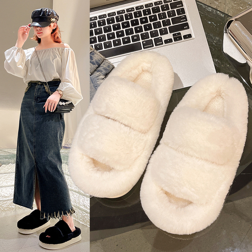 Internet celebrity furry slippers for women to wear outside  new autumn and winter fashion confinement thick-soled plush cotton slippers