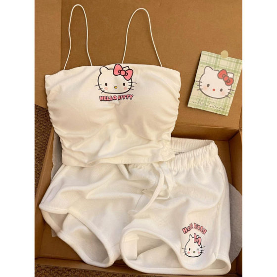 Cute Hello Kitty Pajamas with Chest Pad Women's Spring and Summer New Sweet Sling Pajamas Two-piece Home Clothes suit