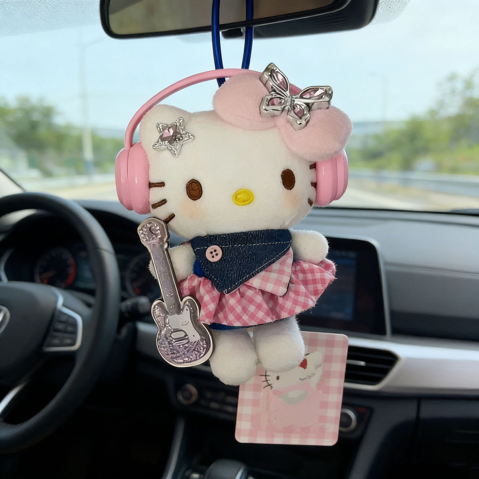 Hello Kitty plush toy car pendant, cute cartoon decoration, car interior accessory, pink earphone guitar style