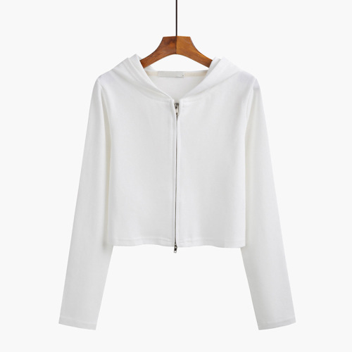 Women's Hooded Short-Sleeve Sweatshirt with Double-Zipper, Slim Fit, Discreet Color, Korean Style, Hooded Open Jacket, Fashionable and Stylish