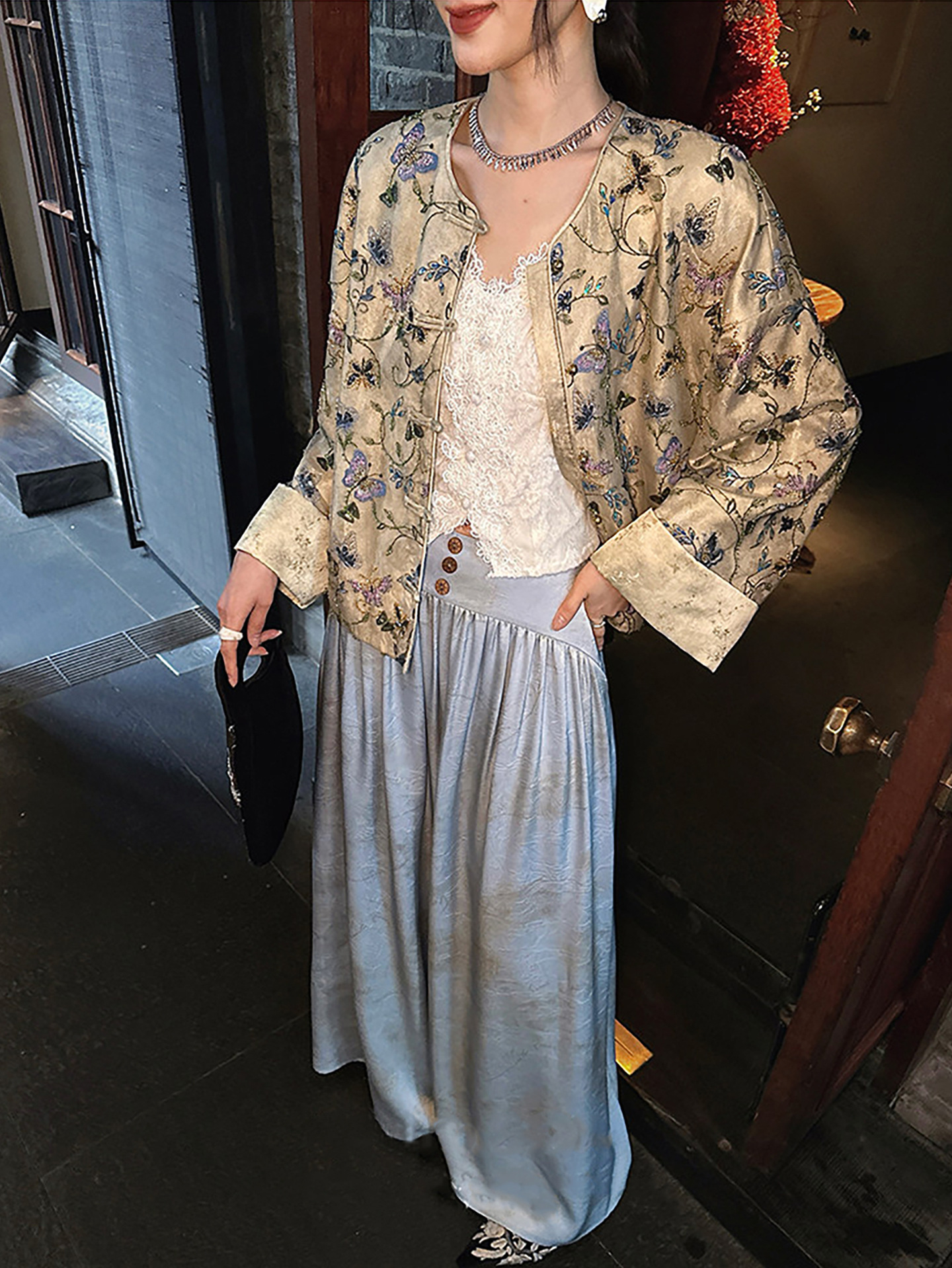 Quần culottes nữ ống rộng dáng dài chất liệu nhăn nhẹ phong cách quốc phong — Xanh da trờicolor