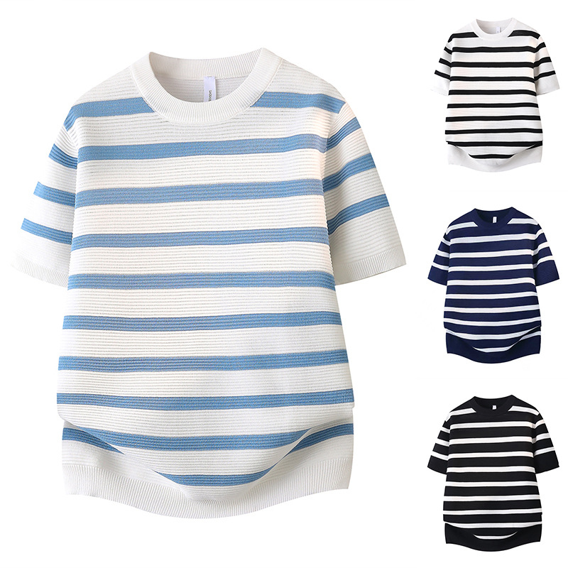 Camiseta de punto a rayas de cuello redondo de manga corta para hombres de color antiguo estilo de negocios de seda de hielo al por mayor fábrica transfronteriza