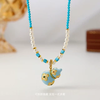 加工定制新中式珐琅彩四叶草葫芦珍珠项链长款毛衣链支持LOGO刻字