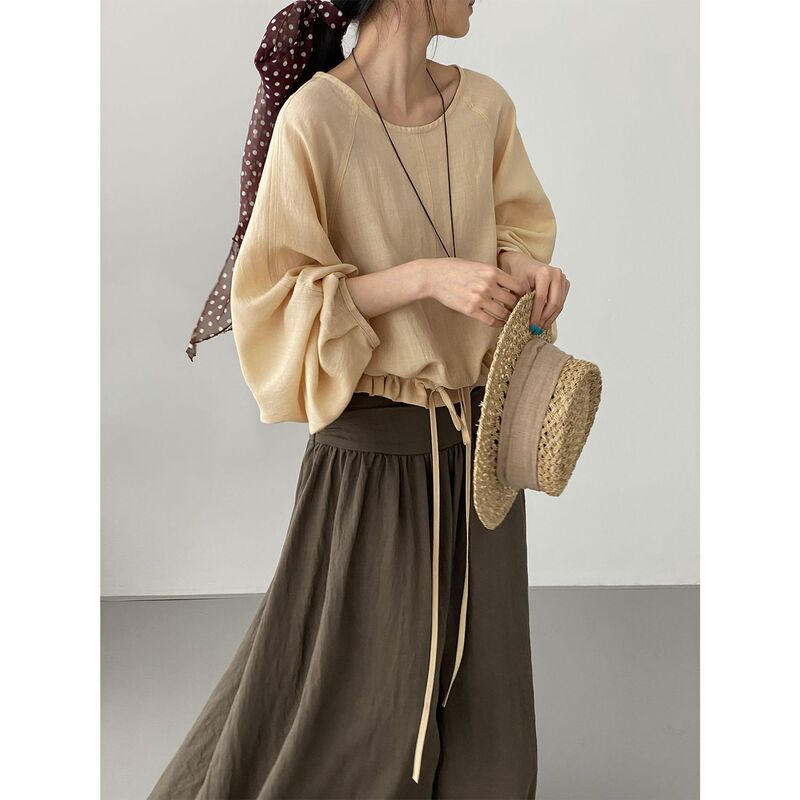 Loose Ramie Style Korean Lyocell Drawstring Shirt for Women, Loose Fit with Floral Tie, Sun Protection Top 6219