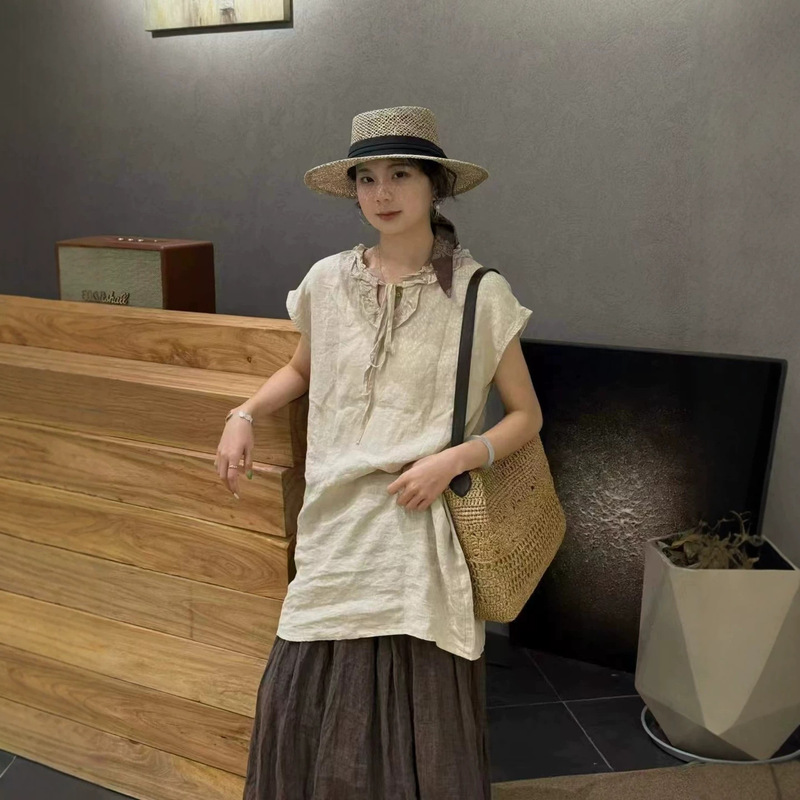 Japanese-Style Ruffled Collar Hemp Dress, New Summer Style, Loose and Versatile, Sweet and Youthful, Flutter Sleeve Midi Dress Japanese-Style Ruffled Collar Hemp Dress, New Summer Style, Loose and Versatile, Sweet and Youthful, Flutter Sleeve Midi Dress
