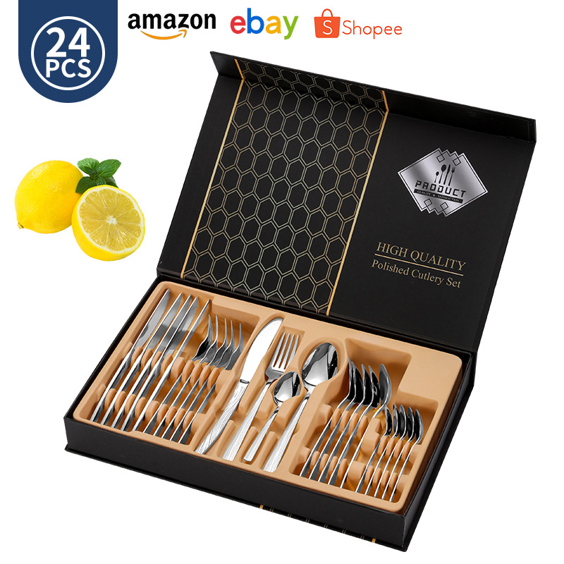 나이프, 포크, 스푼 레이저 손잡이 24개 플립탑 선물 상자 - 실버