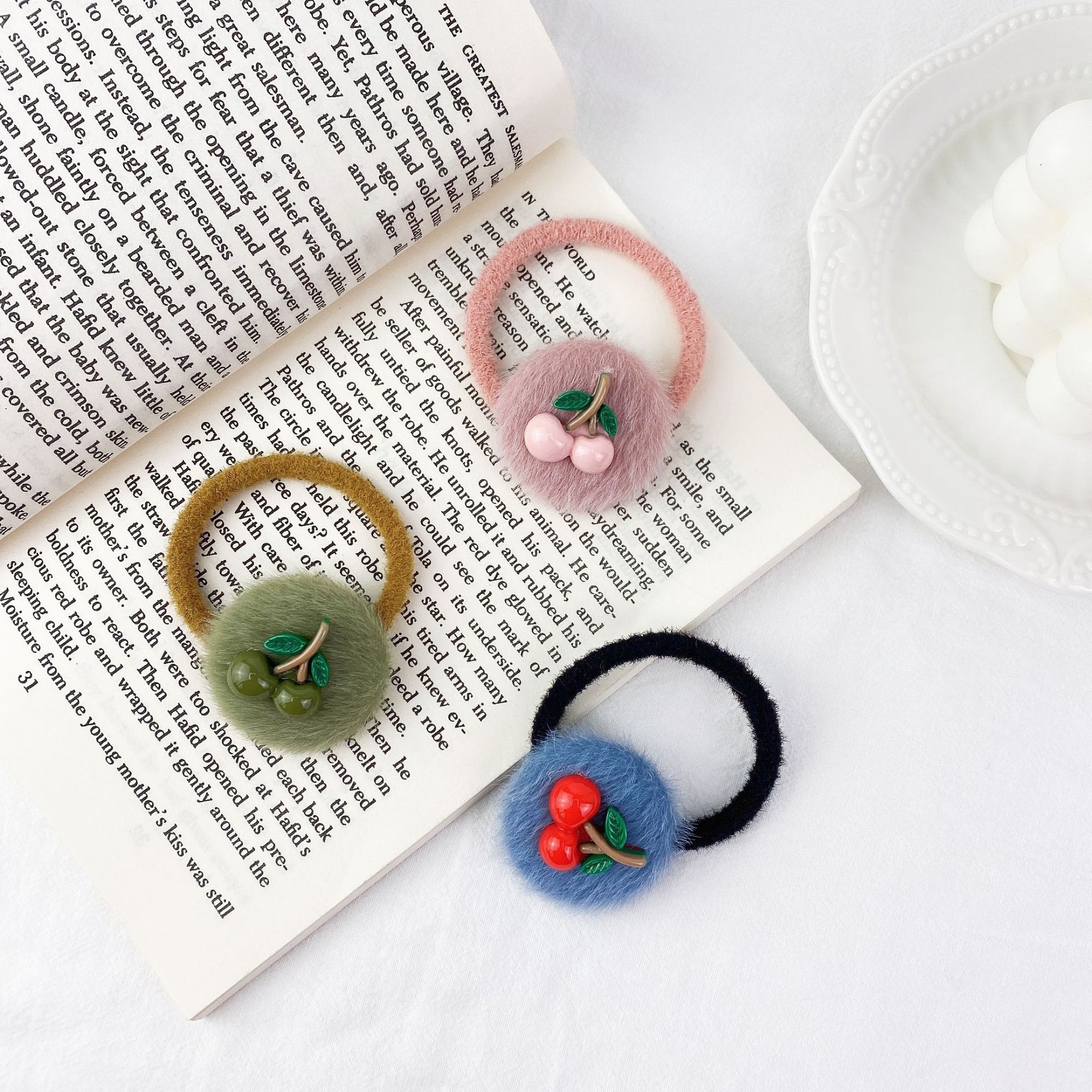 New Cute Plush Fruit Cherry Hair Ring Set display picture 4