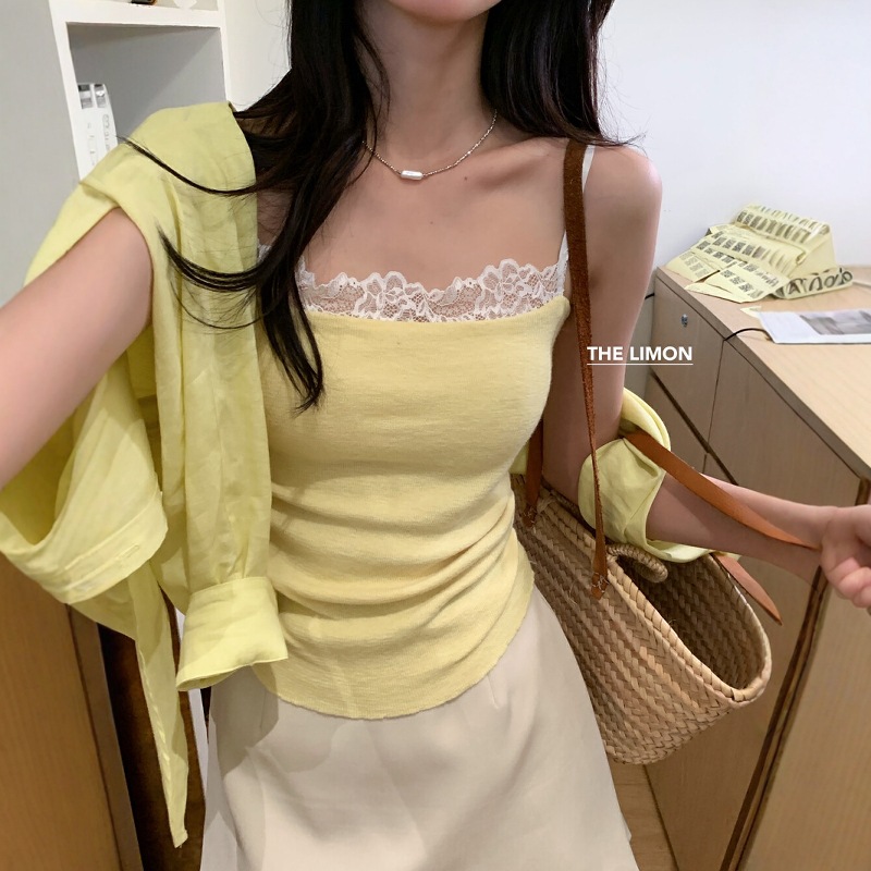 THE LIMON Lemon Green Tea Summer Pure Desire Wind Costuras Encaje Encaje Cintura Delgado Interior Camisola Mujer