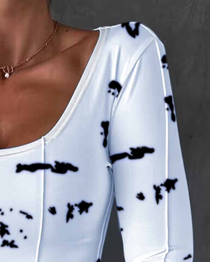 2023 Mode Neues bedrucktes U-Ausschnitt Split Langarm Plissee Craft Top_voghion.com