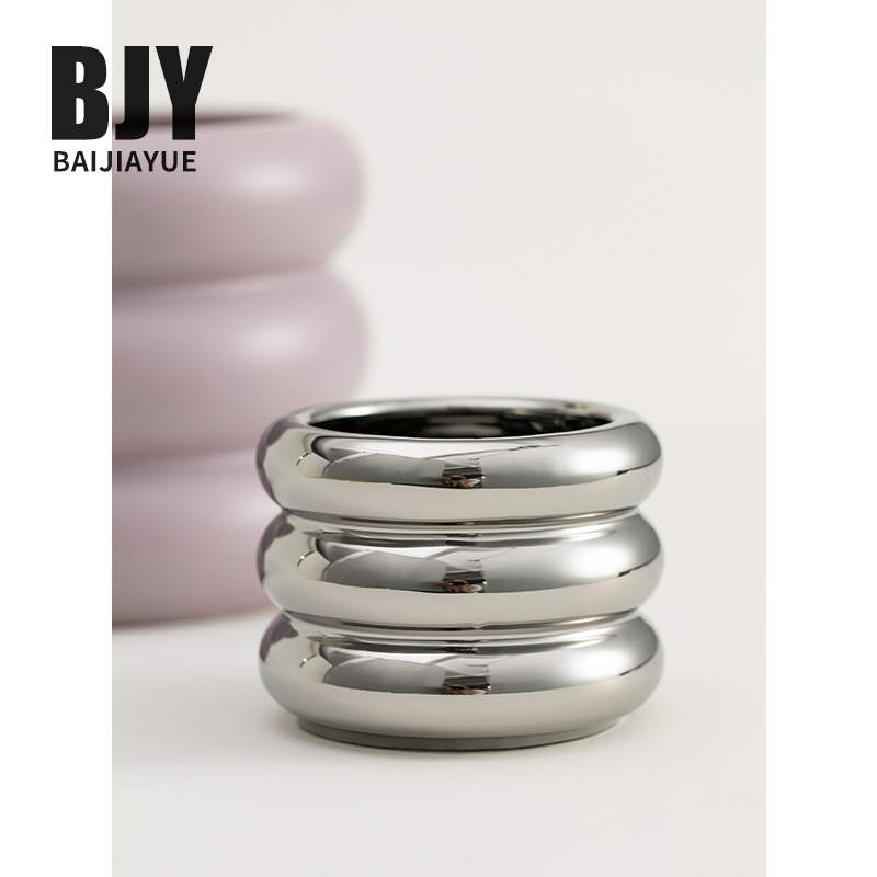 栢嘉越 创意圆圈陶瓷花盆 现代镜面银收纳筒化妆笔桶家居装饰摆件