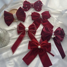 蝴蝶結頭飾 新娘紅色敬酒服發夾珍珠絲絨高級感彈簧夾 批發定制