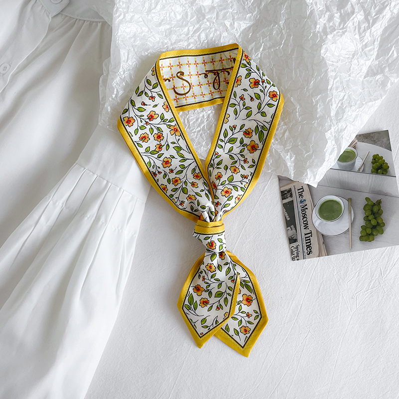 Cinta de primavera impresión larga estrecha ángulo pequeña bufanda de seda elegante estilo coreano banda de pelo bolsa de accesorios para el cabello entrega de una sola pieza