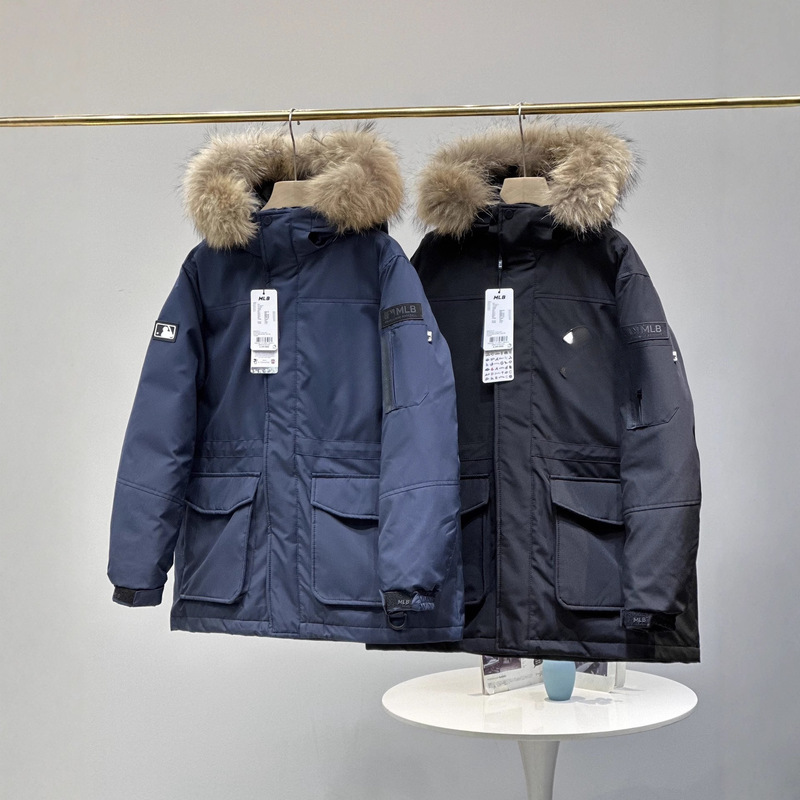 High-end MLB unisex versatile hooded down jacket with large fur collar, mid-length thickened waterproof workwear jacket for couples High-end MLB unisex versatile hooded down jacket with large fur collar, mid-length thickened waterproof workwear jacket for couples