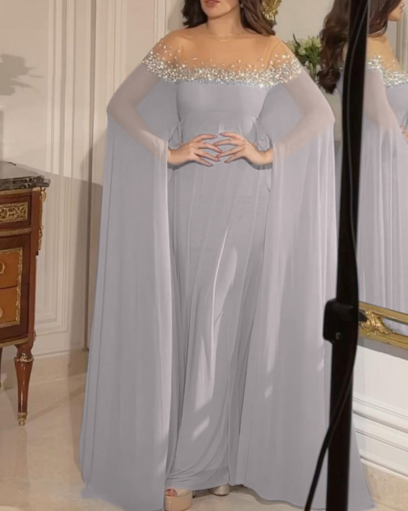 Elegant aftenkjole for damer med perler og stein i chiffon_voghion.com