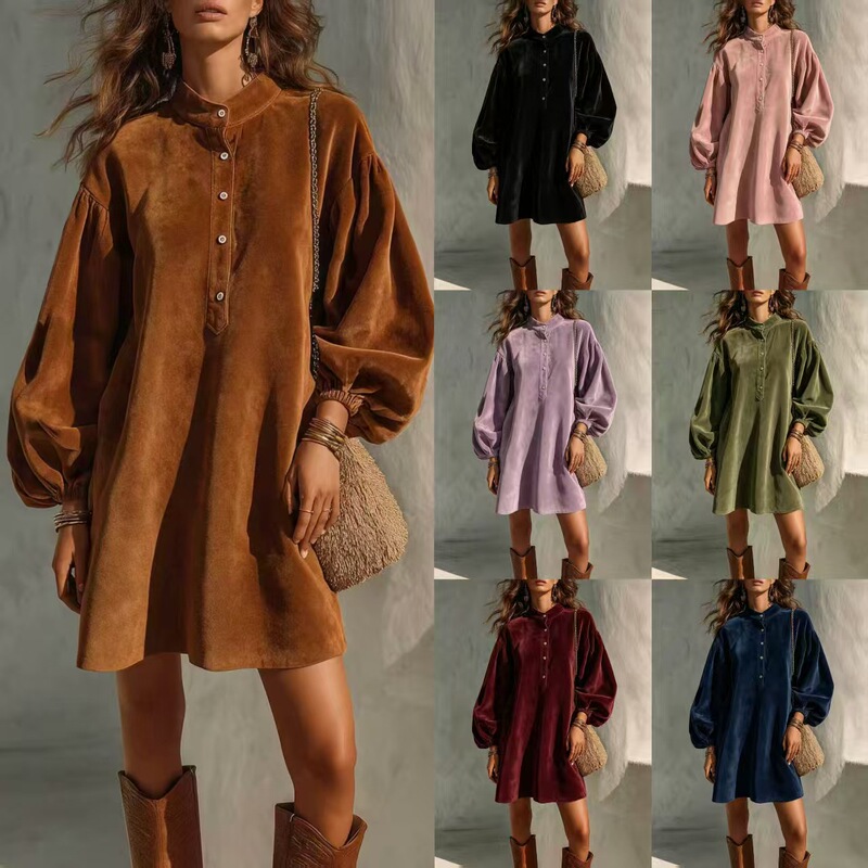 2026 European and American cross-border women's autumn and winter new suede-style elegant small stand-up collar buttoned lantern sleeve solid color dress