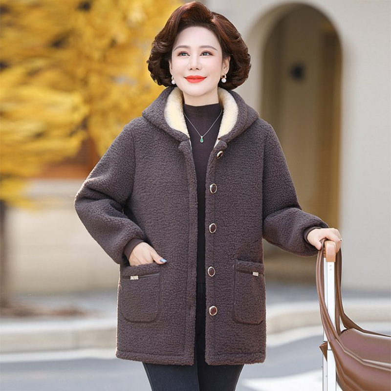 妈妈冬装颗粒绒连帽棉袄外套中长款时尚羊羔毛加厚保暖中老年棉衣|undefined