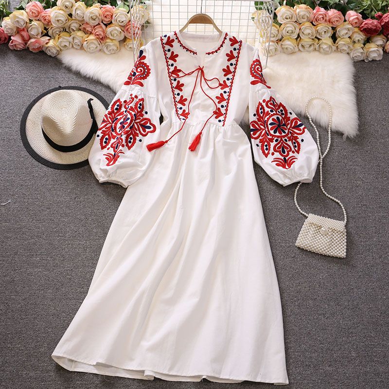 Bohemian Ethnic Style Holiday Long-Sleeved Dress Embroidered Spring & Fall Women's Northwest Grassland Travel Clothing