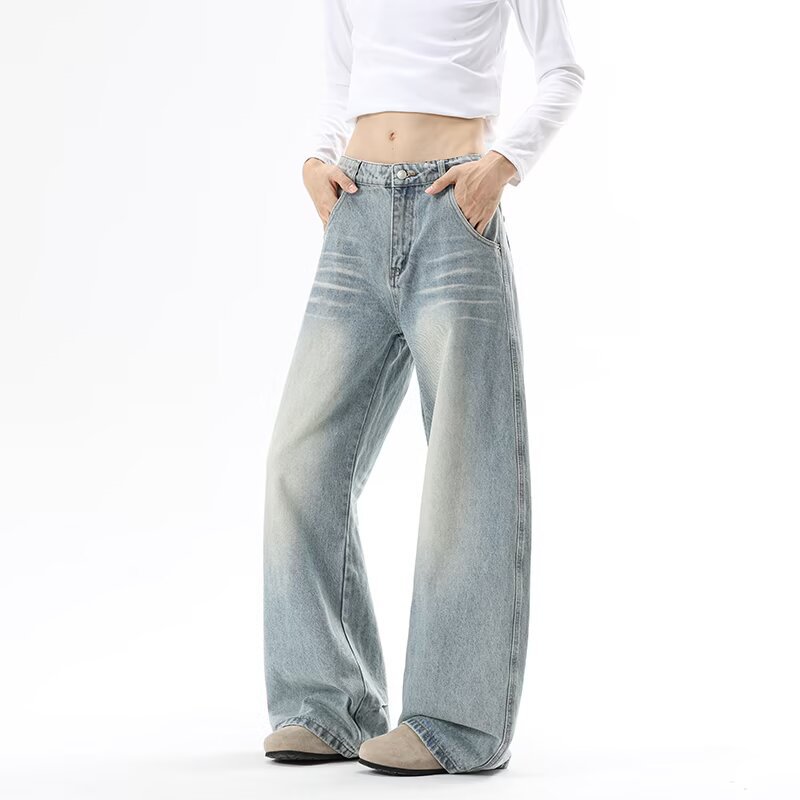 Vintage Washed Straight Leg Jeans For Men And Women, Comfort Fit Denim Trousers With Classic Whiskering, Retro High-Street Style_viptrois.com