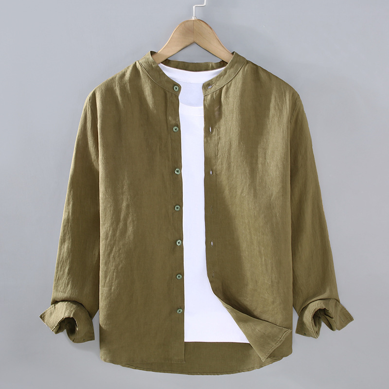 9606 Pure Linen Men's Long-Sleeved Shirt Spring and Summer National Style Stand-Up Collar Shirt Large Size Loose Versatile Trendyy Clothes 9606 Pure Linen Men's Long-Sleeved Shirt Spring and Summer National Style Stand-Up Collar Shirt Large Size Loose Versatile Trendyy Clothes