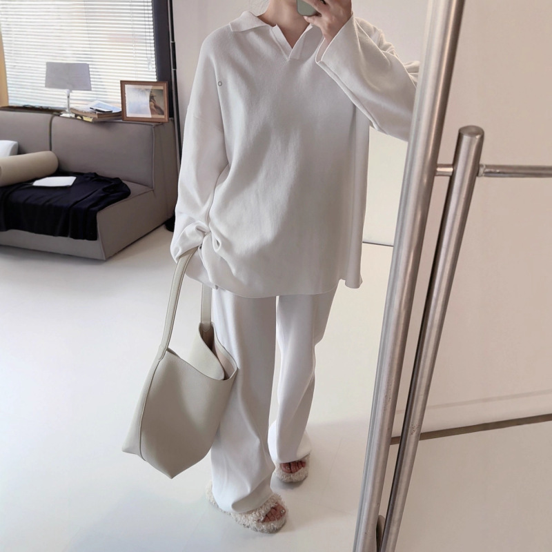 alo同款瑜伽健身套装女老钱风polo领套头针织衫休闲阔腿裤两件套|undefined