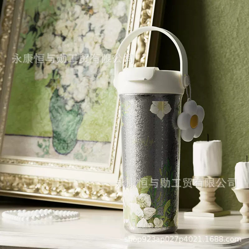 新款高颜值咖啡杯双饮带拎手户外随手杯上学双层内外纯钛保温杯