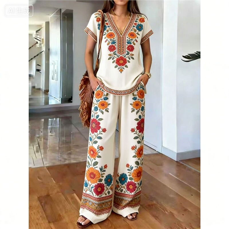 Y2 Independent Brand 26 Summer Loose Vacation Outfit Top and Wide-Leg Pants Two-Piece Set Women's Cross-Border European and American Fashion Set