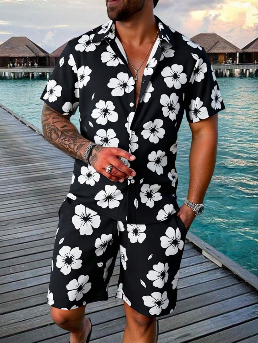 Men's Summer Beach Shorts Set With 3D Digital Print Black White Contrast Vacation Style Casual Short Sleeve_viptrois.com