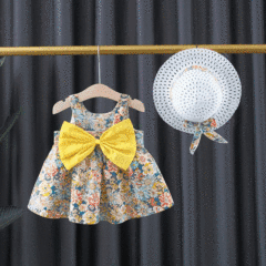 2022 Summer New Girls' Dress Print Camisole Dress with Grass Hat and Bow Tying for Foreign Trade, Dropshipping One Piece
