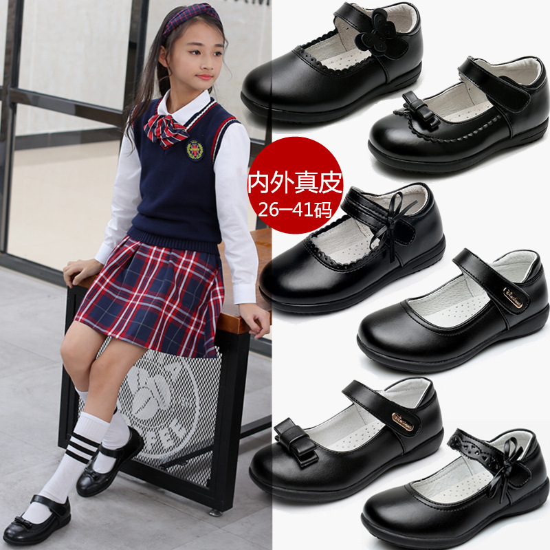 Children's Leather Shoes School Student Genuine Leather Cowhide Girls' Leather Shoes Small Middle School Children's Casual Single Shoes Princess Shoes Black Leather Shoes