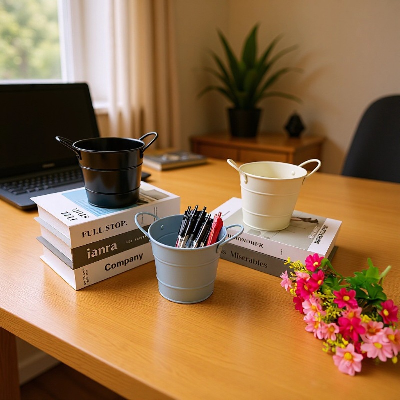 Vintage-Style Metal Double-Ear Pen Holder, French Fry Bucket, Rustic Milk Jug Vase, American-Style Flower Arrangement Bucket, Wrought Iron Flower Pot