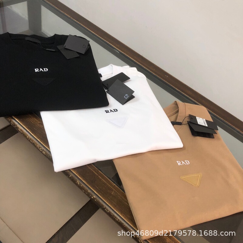 Authentic P Brand Men's Clothing with Letter Triangle Logo, Pure Cotton, High-End Trendy Brand Men's Short-Sleeve T-Shirt, Unisex Couple's Outfit